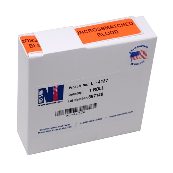 Nevs Label, Uncrossmatched Blood 7/8" x 2-1/4" Fluorescent Red w/ black L-4137 - main